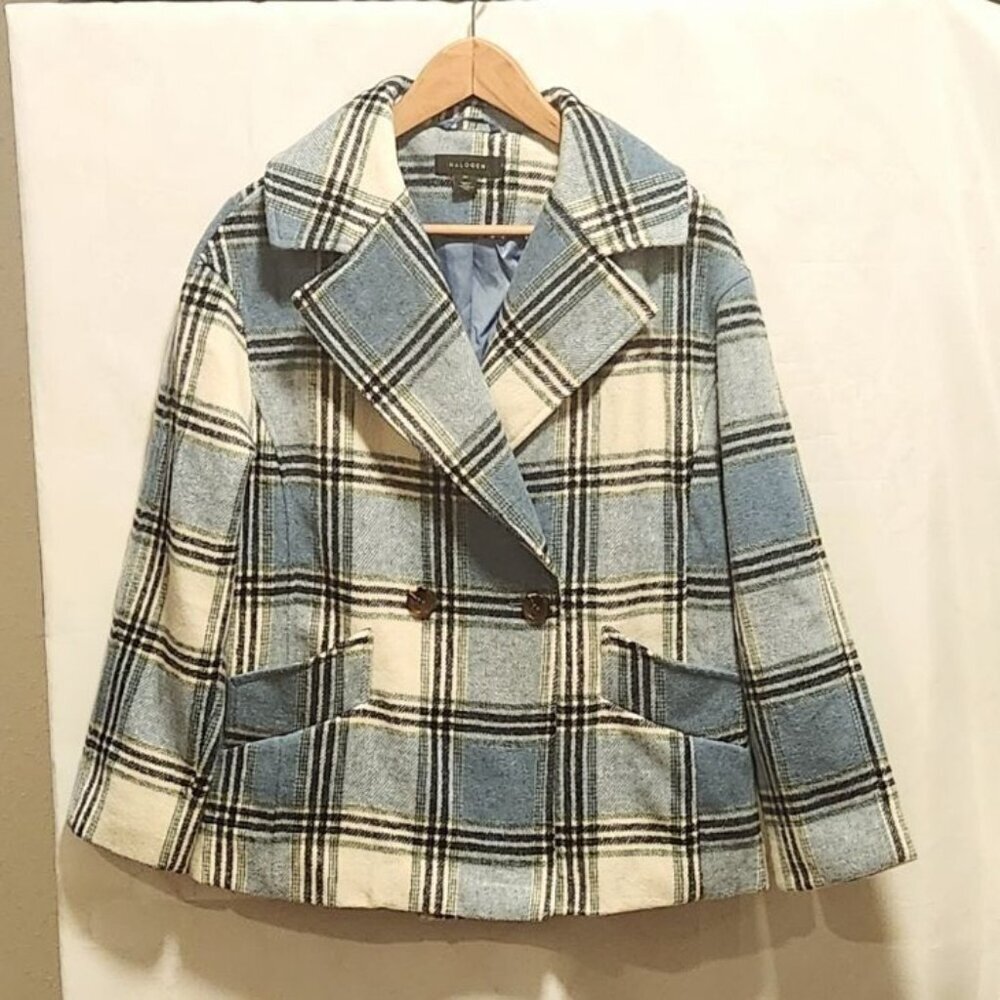 Halogen Women's Size XS Blue and White Plaid Double Breasted Pea Coat W/Pockets‎